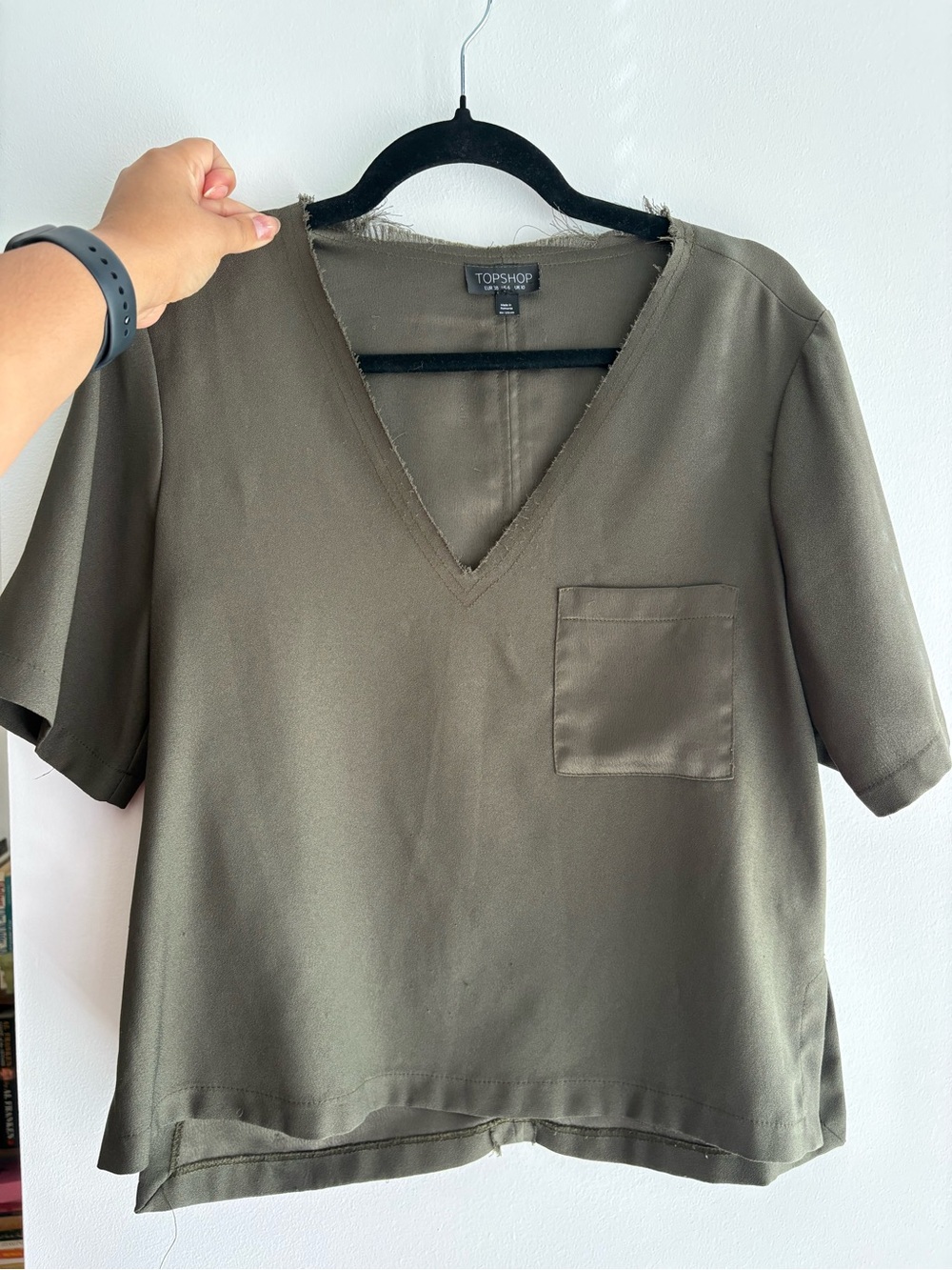 Topshop Olive Green V-Neck Short Sleeve Pocket Top